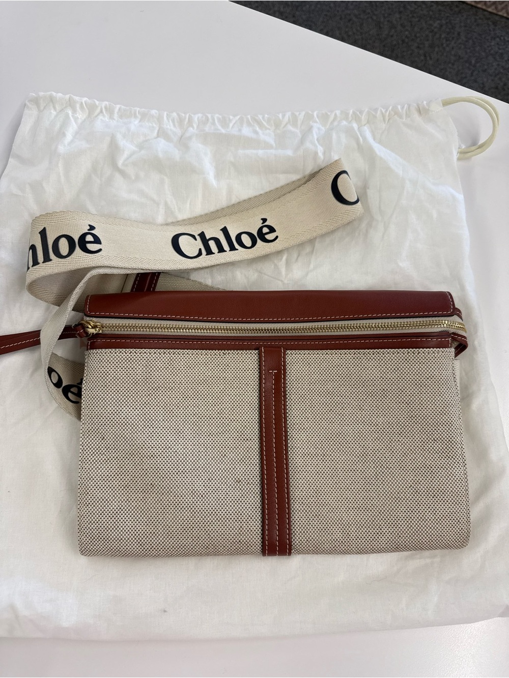 Chloé Beige Canvas Crossbody with Brown Leather Trim and Logo Strap